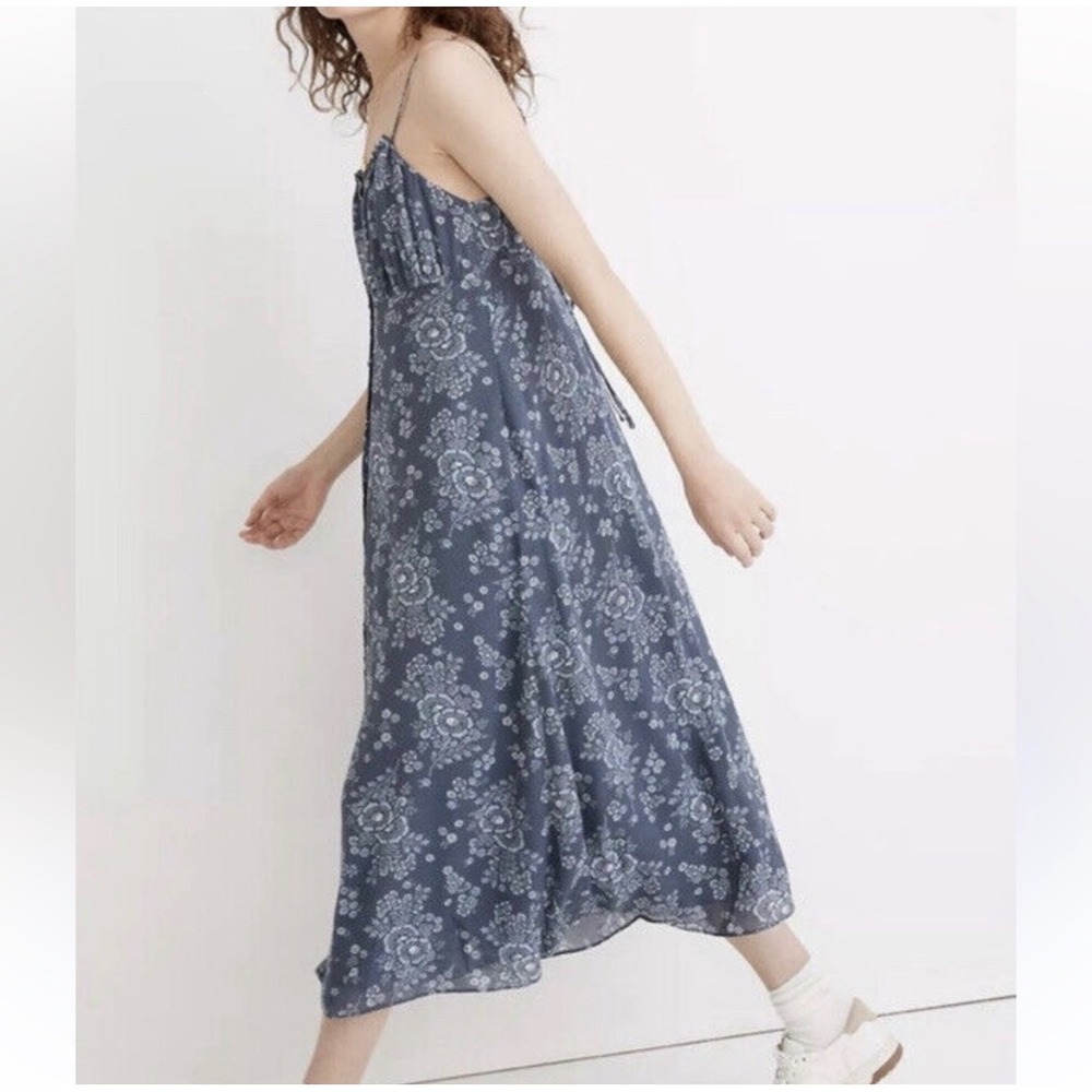 Madewell Antique Flora SILK Midi Dress Womens 0 Blue Cottagecore NE783 NWT
